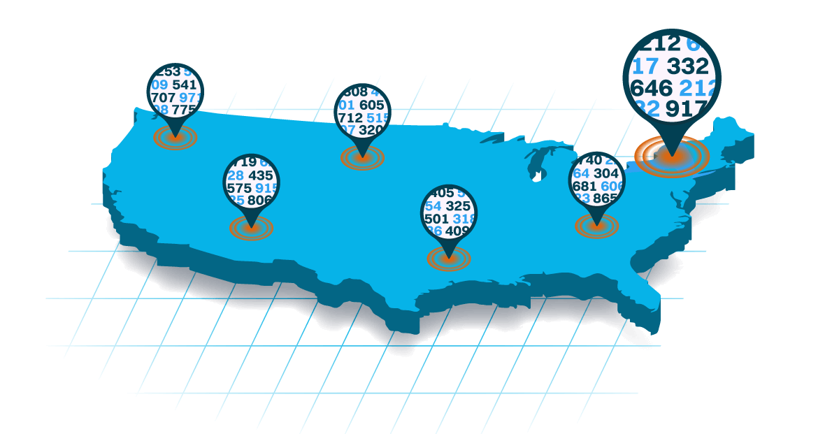 Map of United States area codes for local numbers.