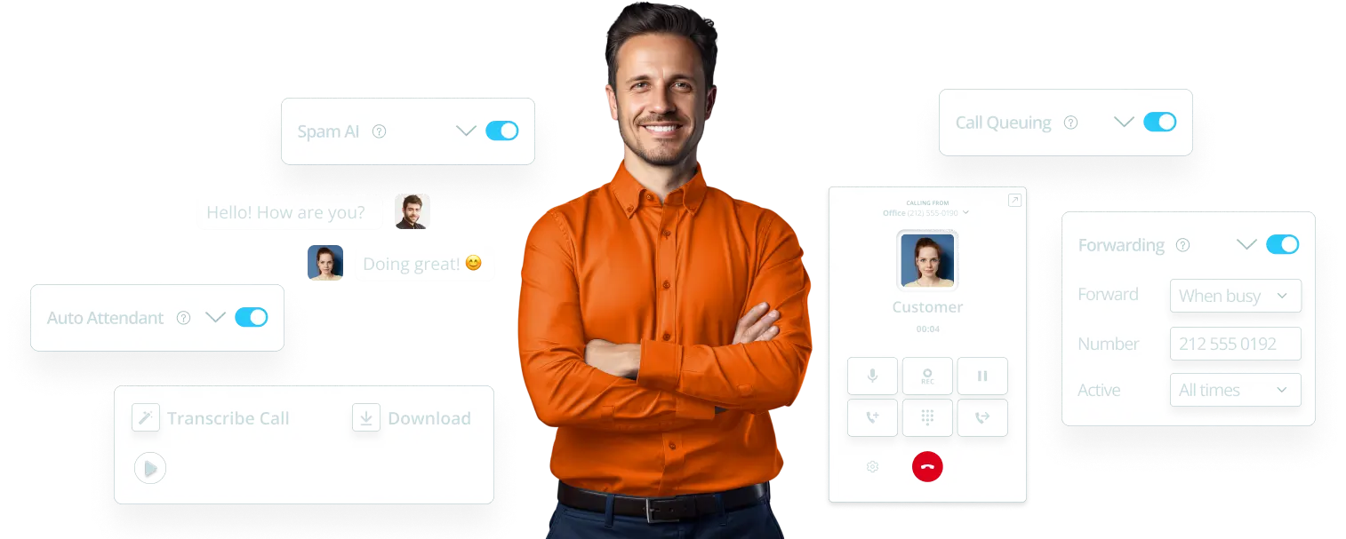 Man surrounded by a multitude of features powered by 2talk: Spam AI, Call Transcription, Web App, Forwarding, Call Queuing, messaging, and much more.