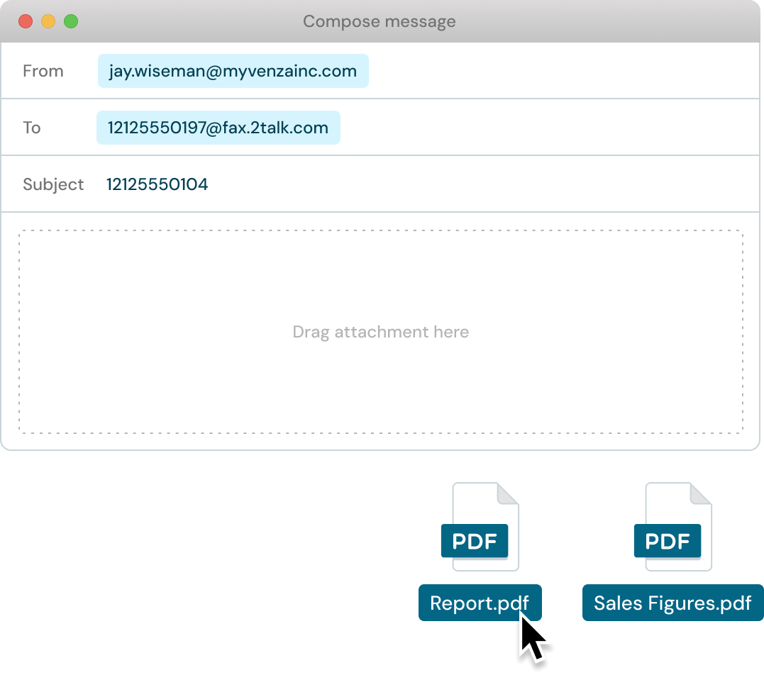 Mockup of a user interface showing an email client and attachments to be sent as faxes.