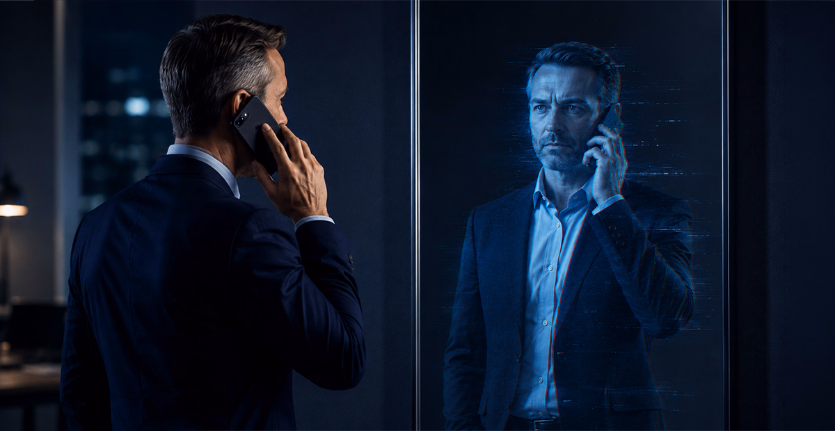 Businessman on a phone faces a mirror showing a glitched, synthetic reflection of himself, representing AI voice cloning fraud.