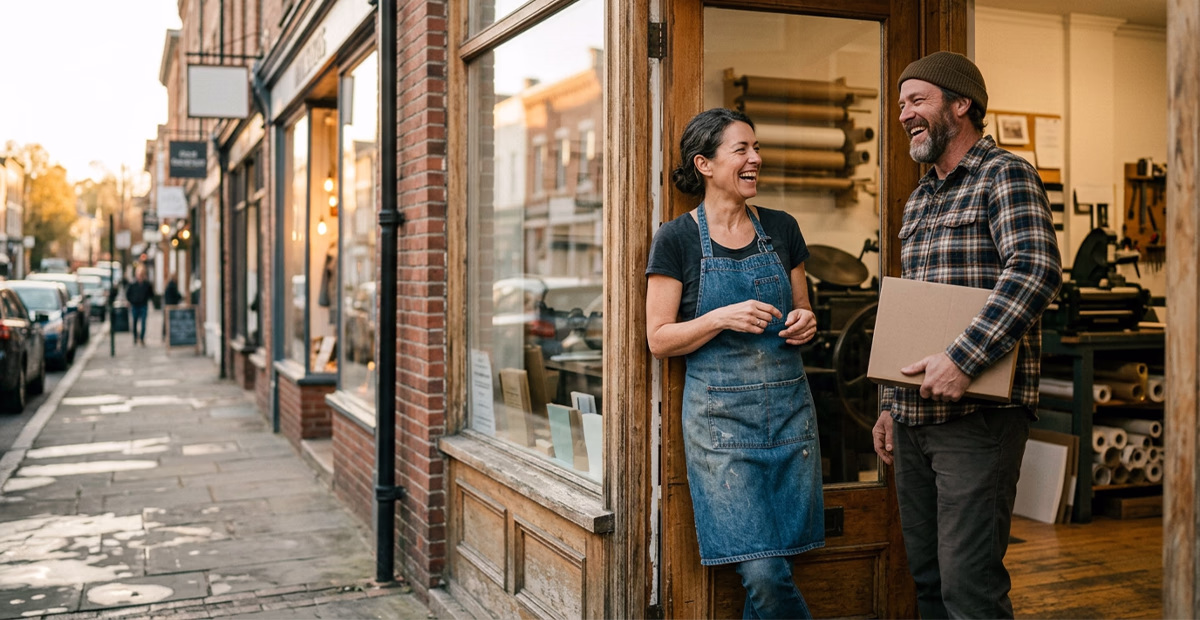 Small print shop owner chatting and laughing with a local supplier at their storefront doorway after a delivery.