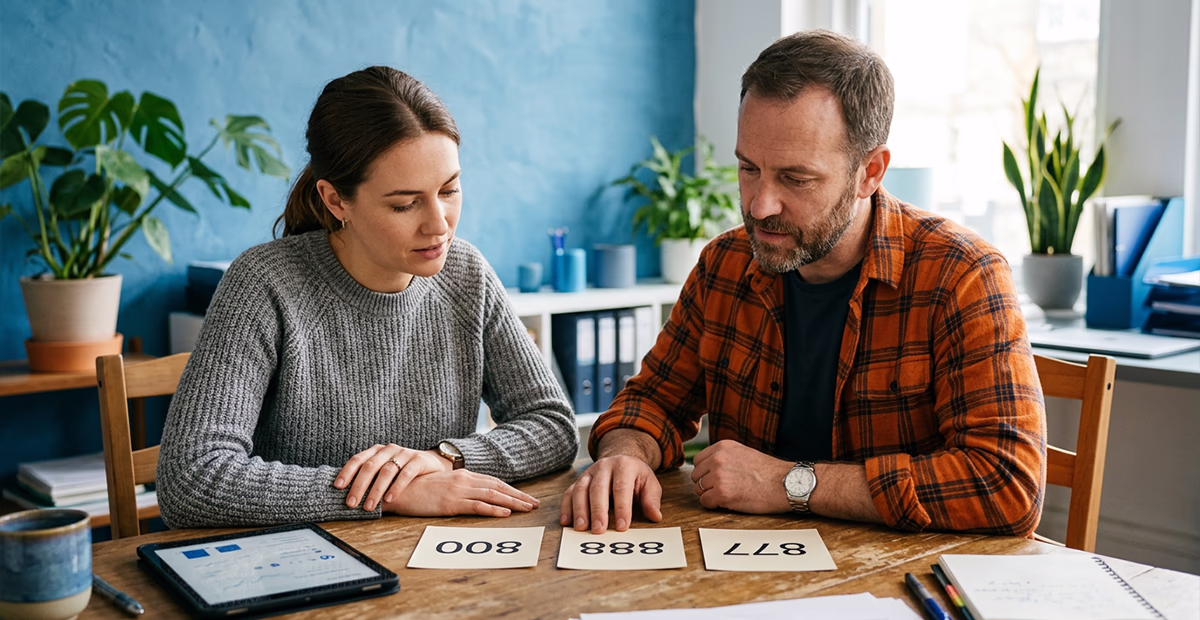 Two small business owners comparing cards marked 800, 888 and 877 at a table.