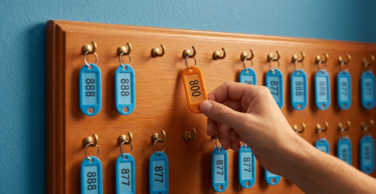 Hand reaching for an orange key tag marked 800 among blue tags marked 888 and 877 on a key board.
